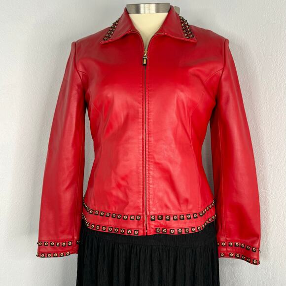 St. John Sport Red Leather Jacket Blazer Grommet Detailing Size Large - Picture 1 of 15